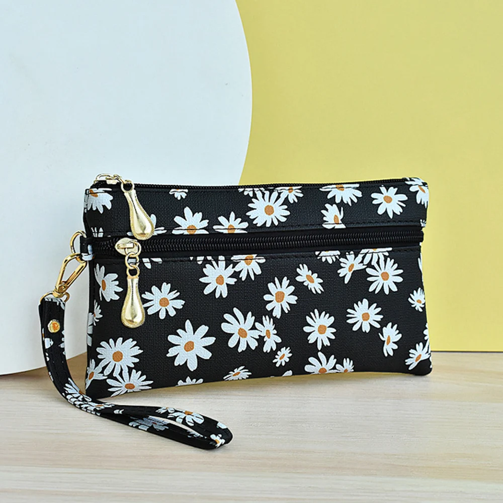 Fashion Daisy Print Mini Coin Wallet Leather Zipper Purse Phone Bag Women Key Card Holder Elegance Pouch Small Handbag