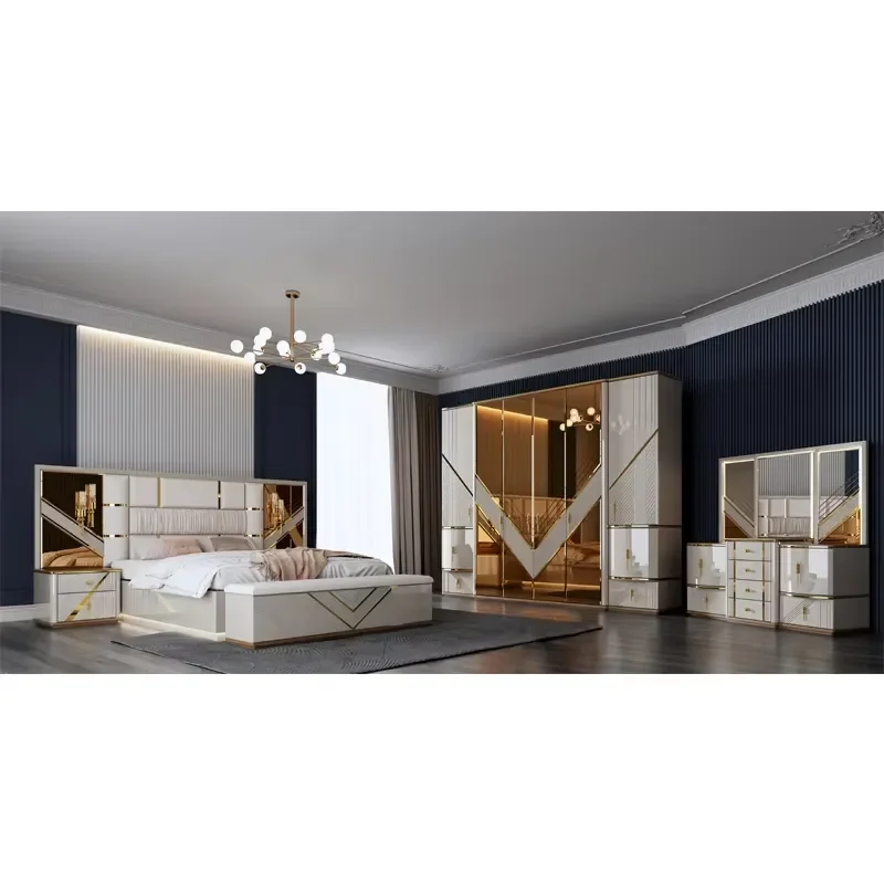 Turkish Deluxe Double Bed Wood Frame King Size Bedroom Furniture with Storage Modern Fully Furnished Home Decor