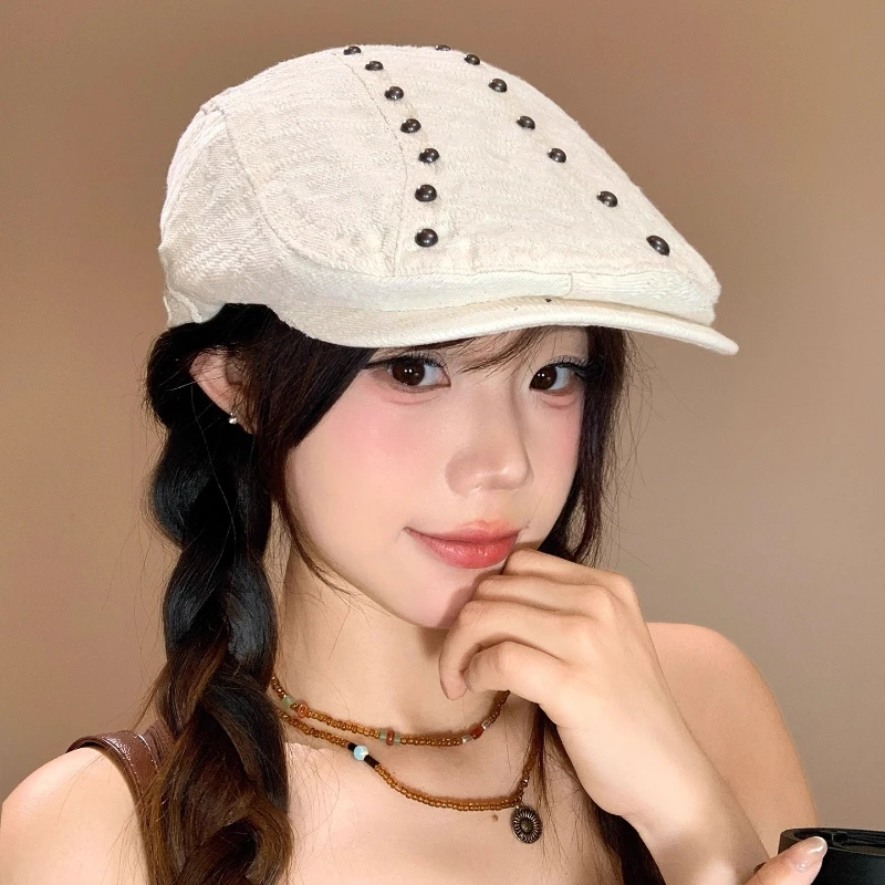 

Punk Style Retro Rivet Berets Cap for Women Summer and Autumn Street Trend Versatile Hip Hop Denim Forward Hats for Men