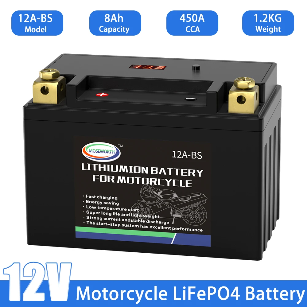 

12A-BS Lithium LiFePO4 Motorcycle Battery 12V 8Ah 450CCA Built in BMS Powersports Battery for ATV UTV Riding Lawn Mower