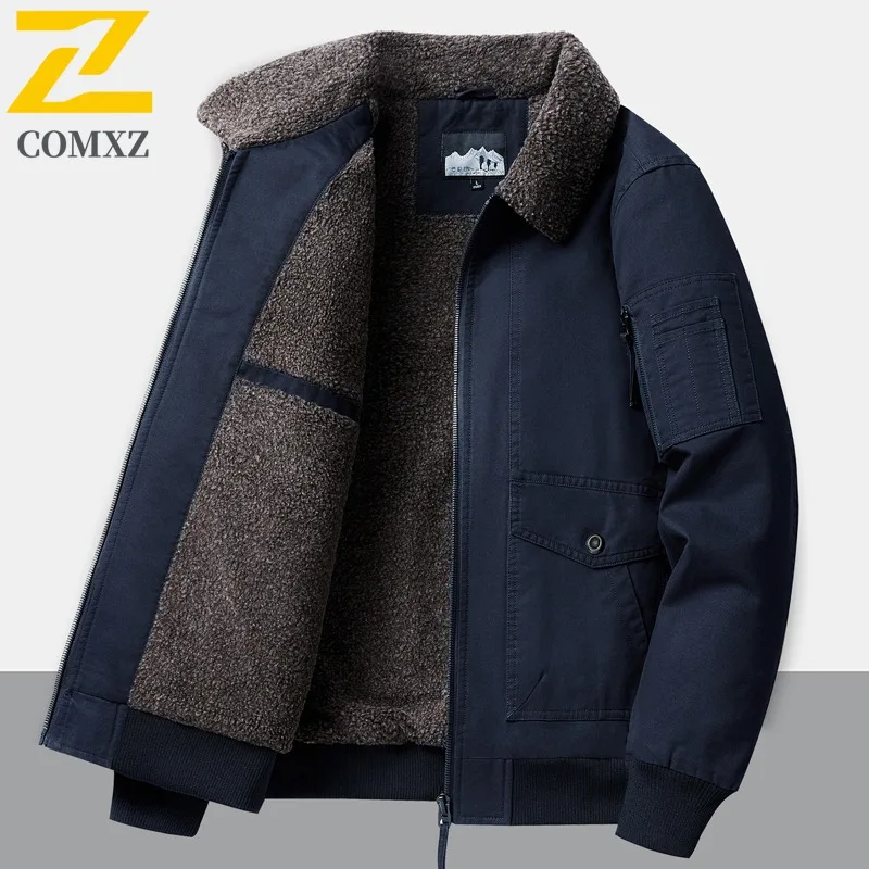 COMXZ 2025 الرجال صوف مبطن سميكة رفض طوق سترة الشتاء منتصف العمر عادية الحد الأدنى معطف القطن الدافئ