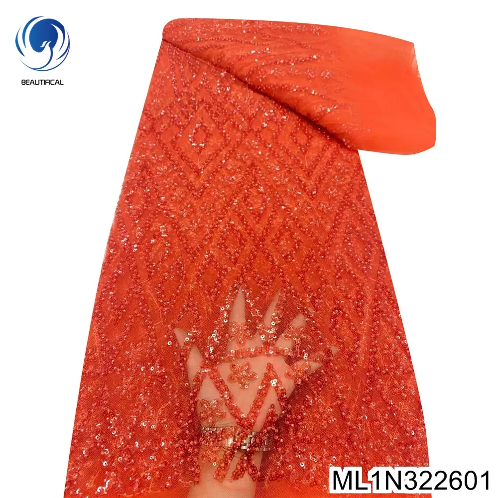 

French Beaded with Sequins Lace , Rhomboid and Floral Design Elements ,Elegant Women's Banquet Evening Dress Fabric , ML1N3226