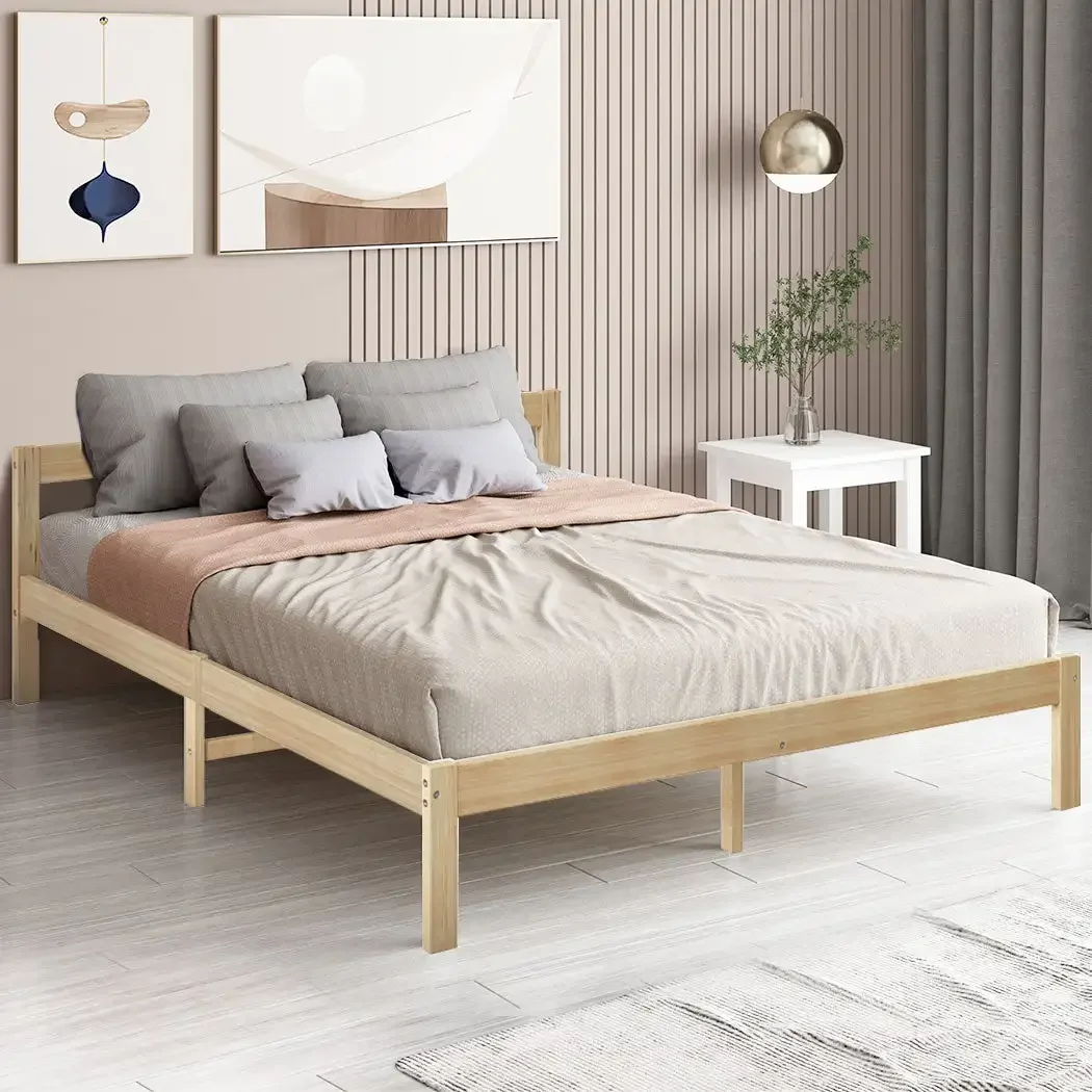 Cheap Wooden Bed Frame Queen Size Mattress Base Solid Timber Pine Wood Natural Plank Bed Frame