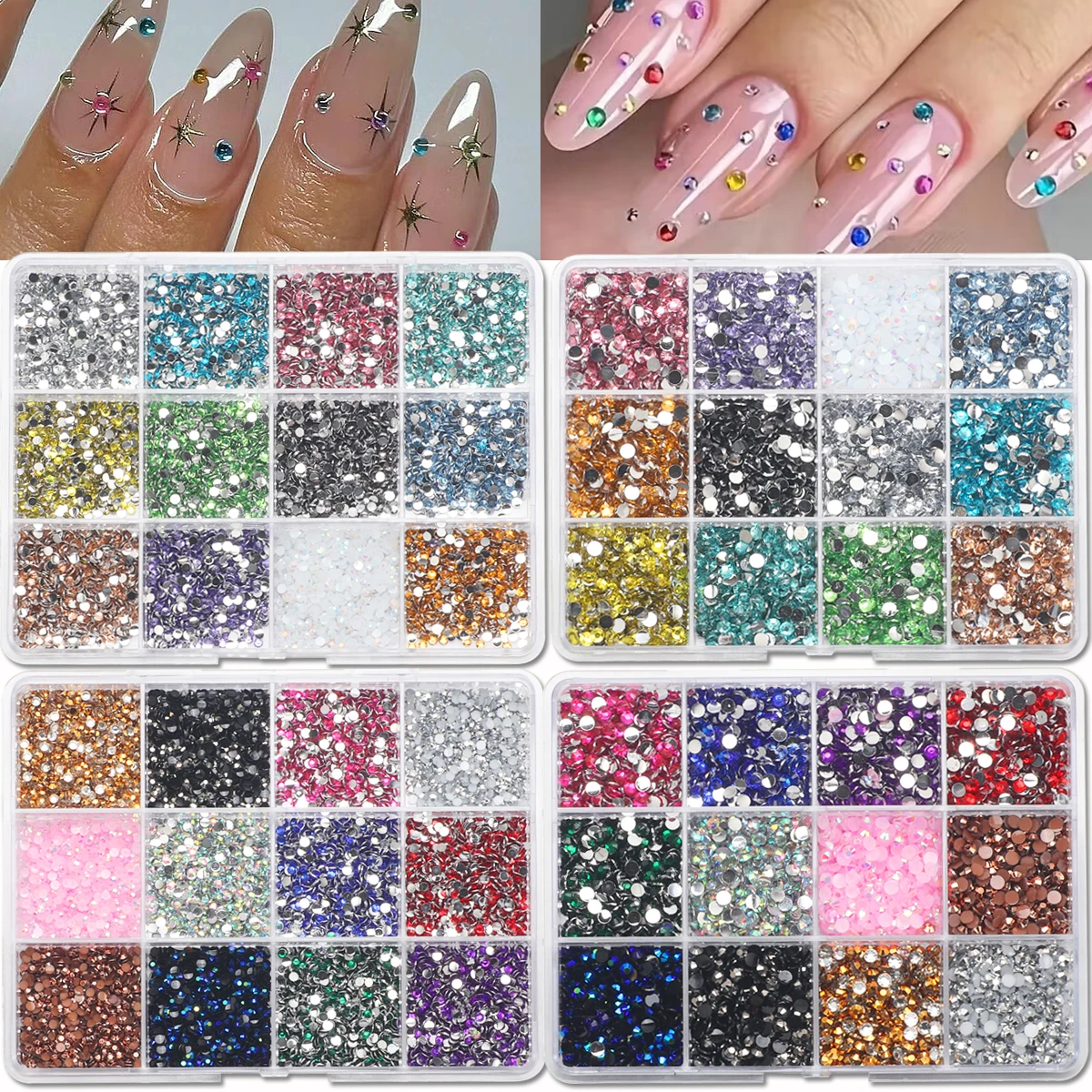 

4 boxes, 24 colors, 2-3mm acrylic nail diamonds, black, 3D nail pendant, DIY nail art, glass resin accessories, AB color nail or