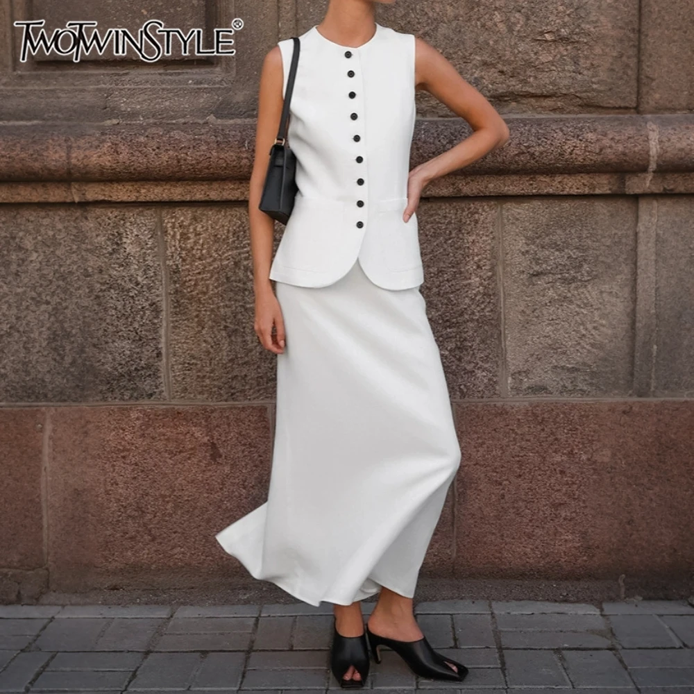 

TWOTWINSTYLE White Spliced Buttons Two Piece Set Female O Neck Sleeveless Top Elegant Commute Women's Skirt Sets Fashion Summer