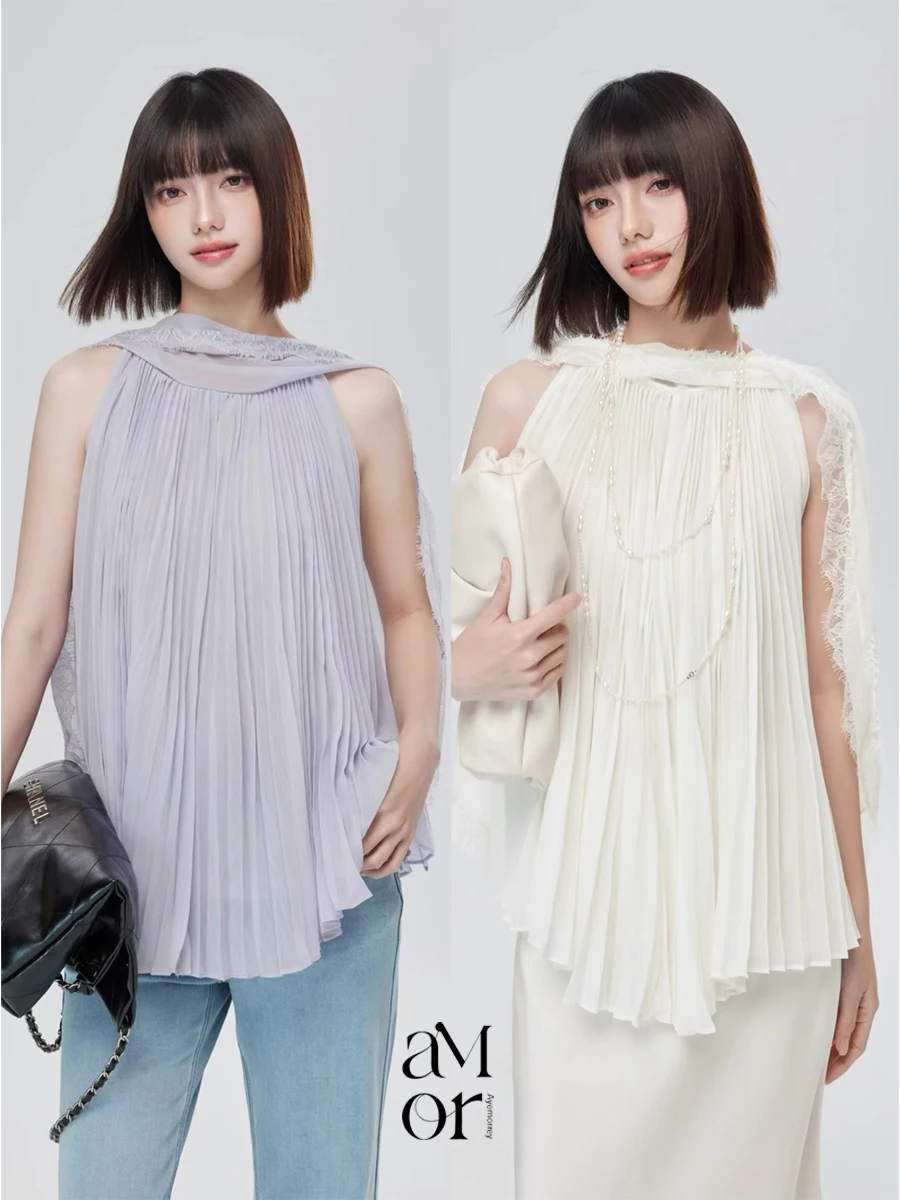 

Женский свободный топ Ayemorrey 'Love's Ripple' с эфирным кружевом и плиссировкой, с круглым вырезом