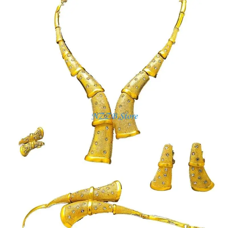 

T21F African Flower Gold Plated Jewelry Set Earrings Necklace Bangle Ring for Women