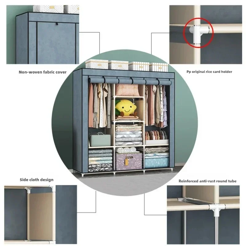 Foldable Double Rod Wardrobe Bedroom Clothes Closet Organizer Rental Room Home Furniture Clothes Storage for Living Room image 5
