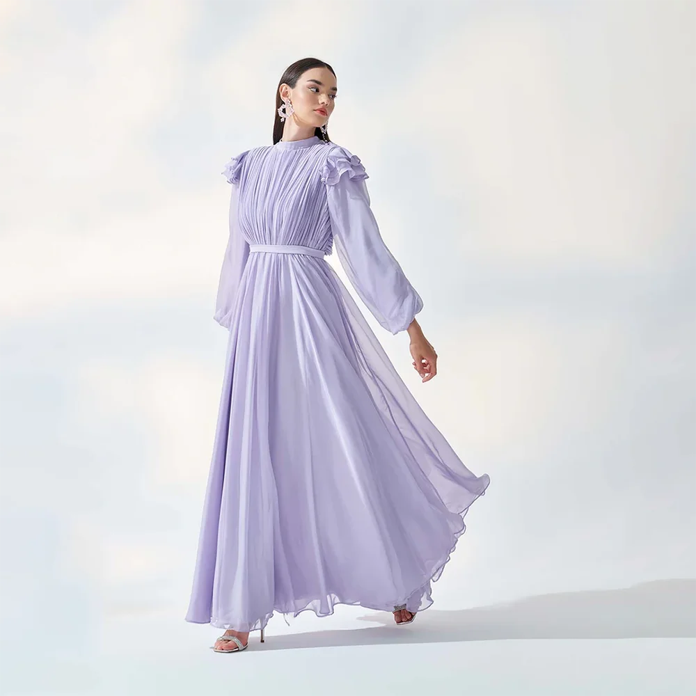 

Elegant Lilac Chiffon Evening Dress Customized High Neck Long Sleeve Pleat A Line Prom Gown Formal Party Dresses 2026