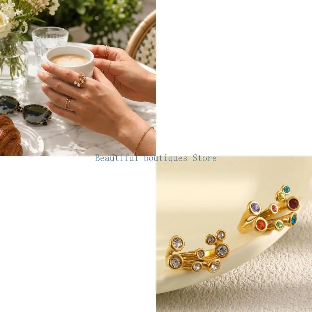 U4LF Party Styling Open Front Ring, Branching Seven-Detail Design in 18K Gold Plated Stainless Steel for Fashion Outfits