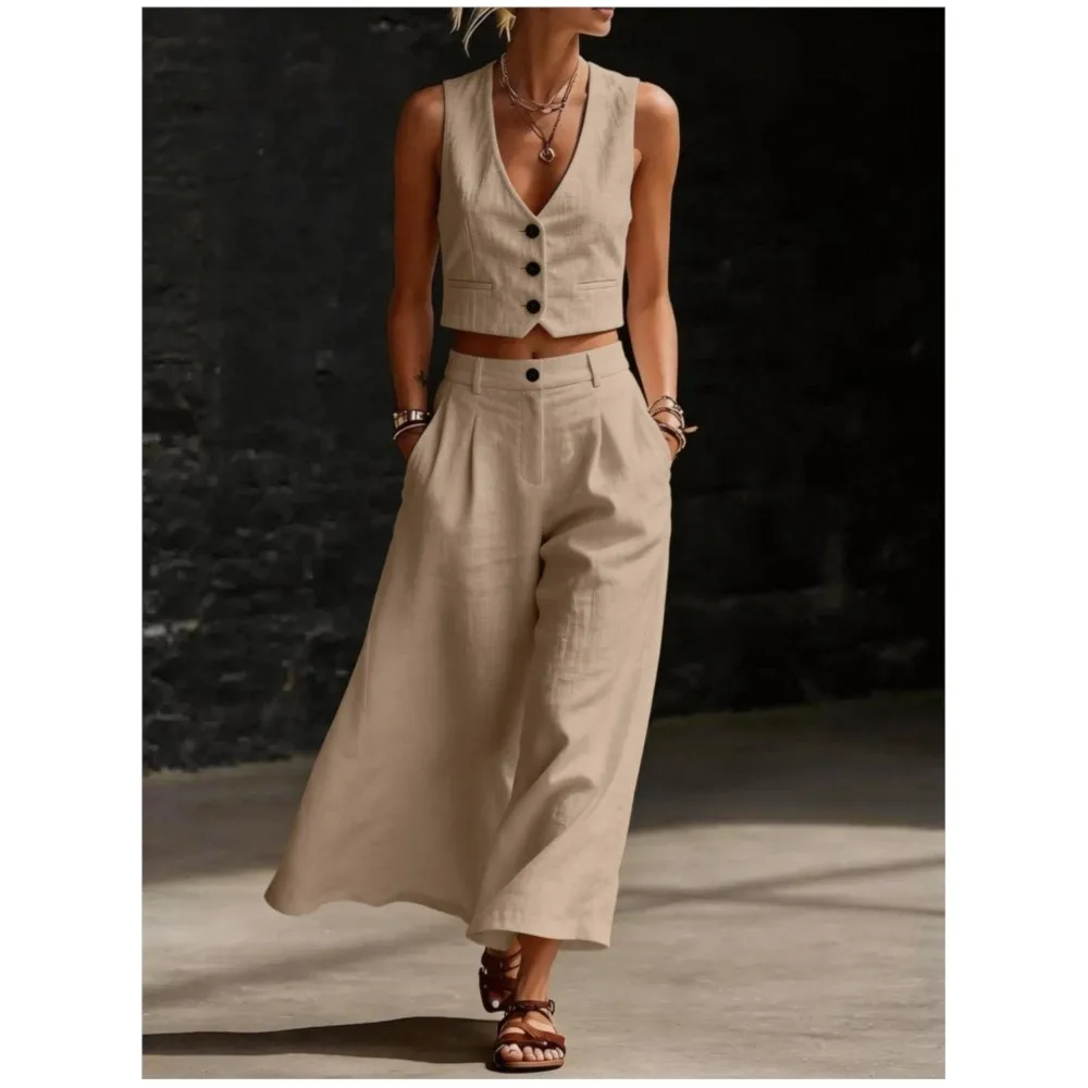 

2026 Fashion Women's Ultra Short Vest Trousers 2-piece Summer New Casual Pocket Loose Wide Leg Long Pants Female Office Suit