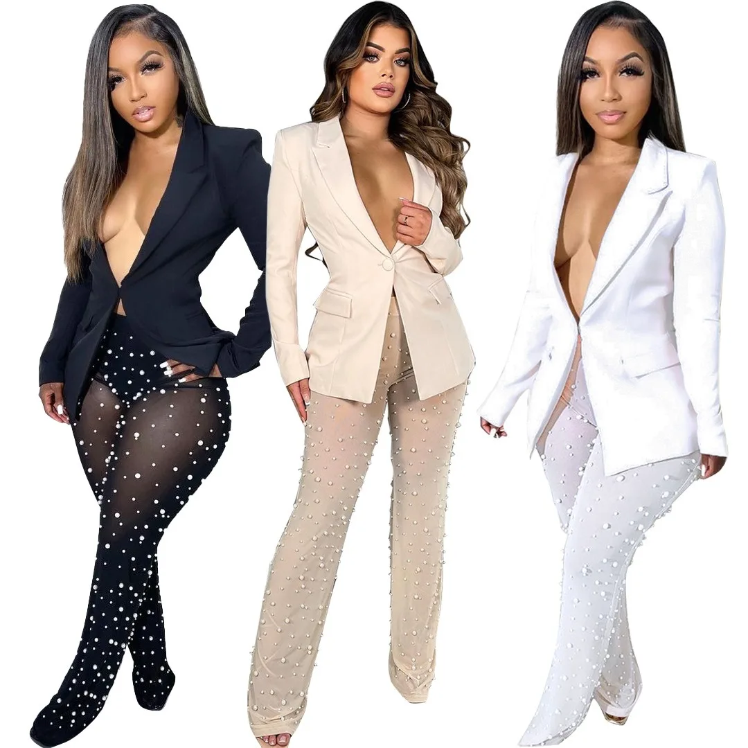 Two Piece Set Women Blazer Pearls Sheer See Through Mesh Pants Long Sleeve Single Button Jacket Coat Tracksuit Clothes For Women