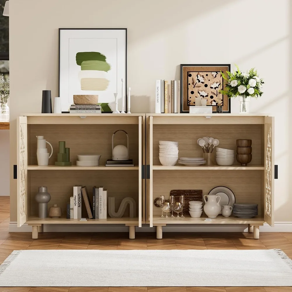 4 Door Decorative Hollow Carved Storage Sideboard Cabinet, Natural, 2 Pack