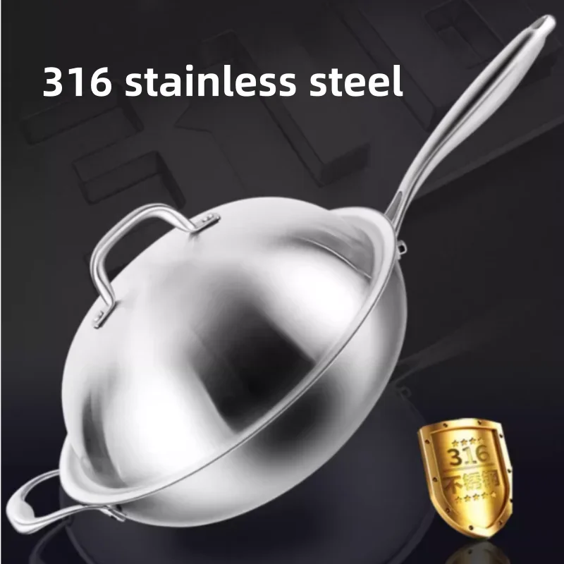 German 316 Stainless Steel Wok with Safe Non-Coating Round Bottom Perfect for Cooking on Gas and Induction Stoves