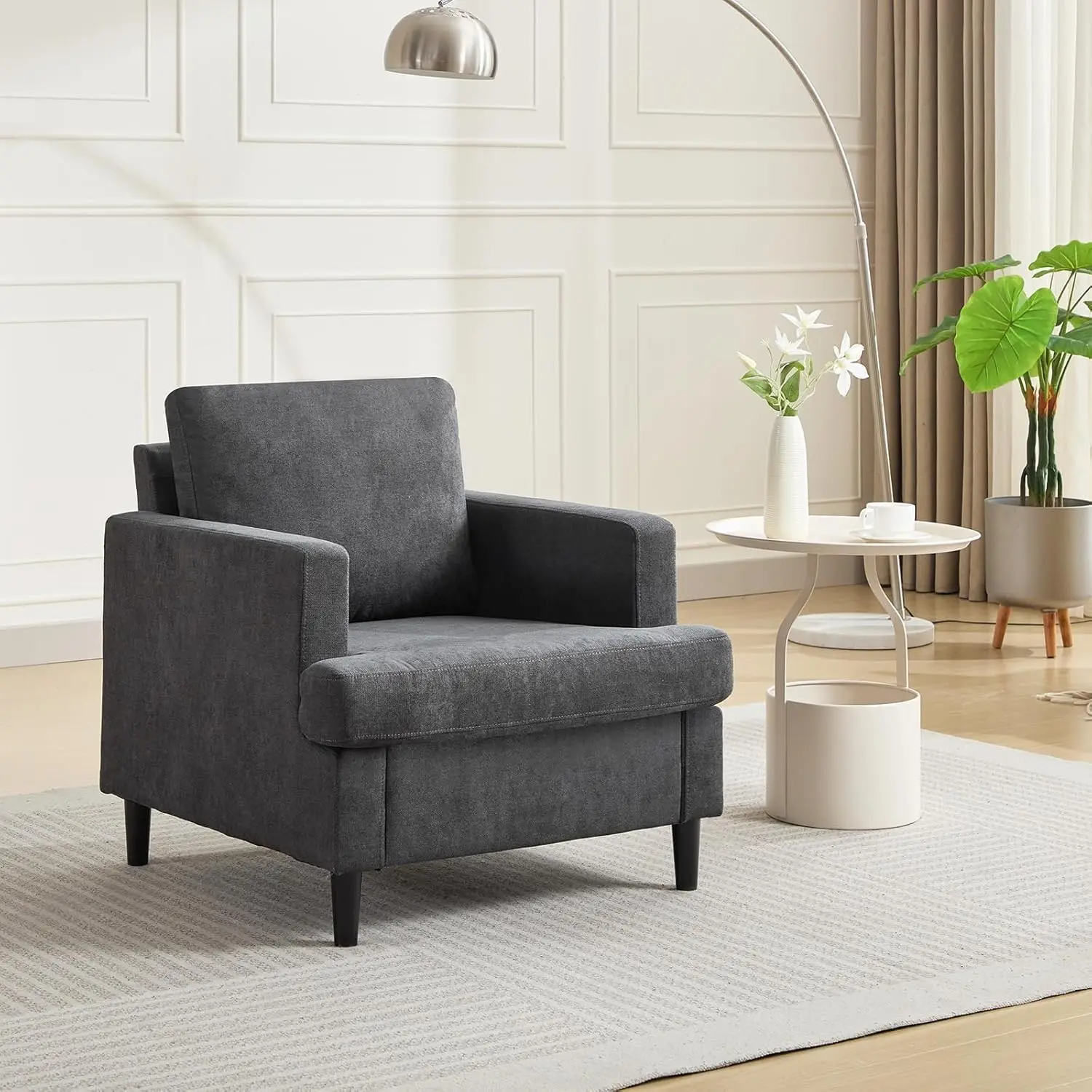 Silla decorativa de mediados de siglo, sillón moderno de tela de lino, sofá individual de lectura tapizado con patas de madera para dormitorio y sala de estar