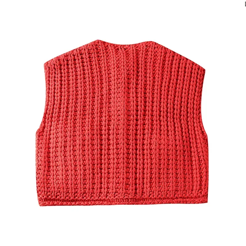 Fashion Solid O-neck Knitted Vest Women 2024 Spring Summer Sleeveless Single Breasted Pockets Vests Female High Street Chic Tops