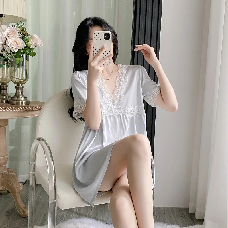 

Summer Silk Satin Slip Nightgown Women's Sexy V-Neck Nightdress Short Sleeve Sleep Dress Sleepwear