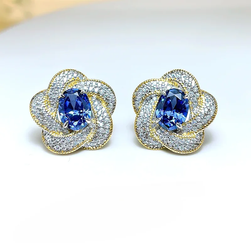 Gaoding Tansan Sapphire Earrings 2 Carat Egg shaped 925 Silver Charm socialite Round Face Plated with Gold Flower Style