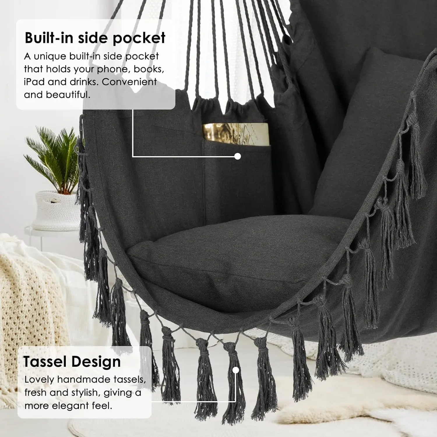 Hammock Chair Hanging Rope Swing, Max 500 Lbs, 2 Cushions Included, Large Macrame Hanging Chair with Pocket, Cotton Weave