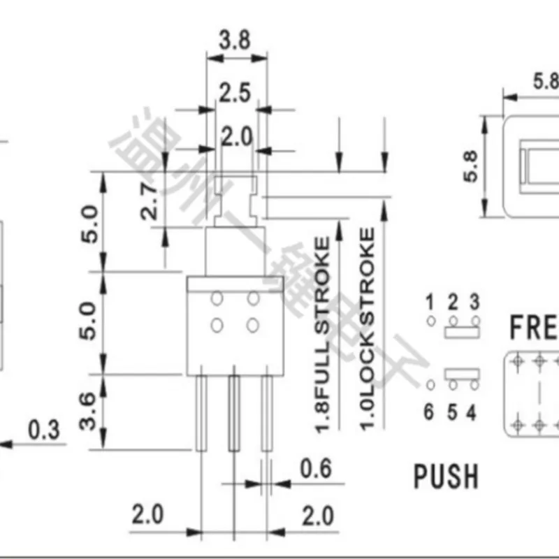 10PCS KFT-5.8A 5.8X5.8mm self-locking switch 6Pin push lock DPDT Mini Micro Push Button Switch
