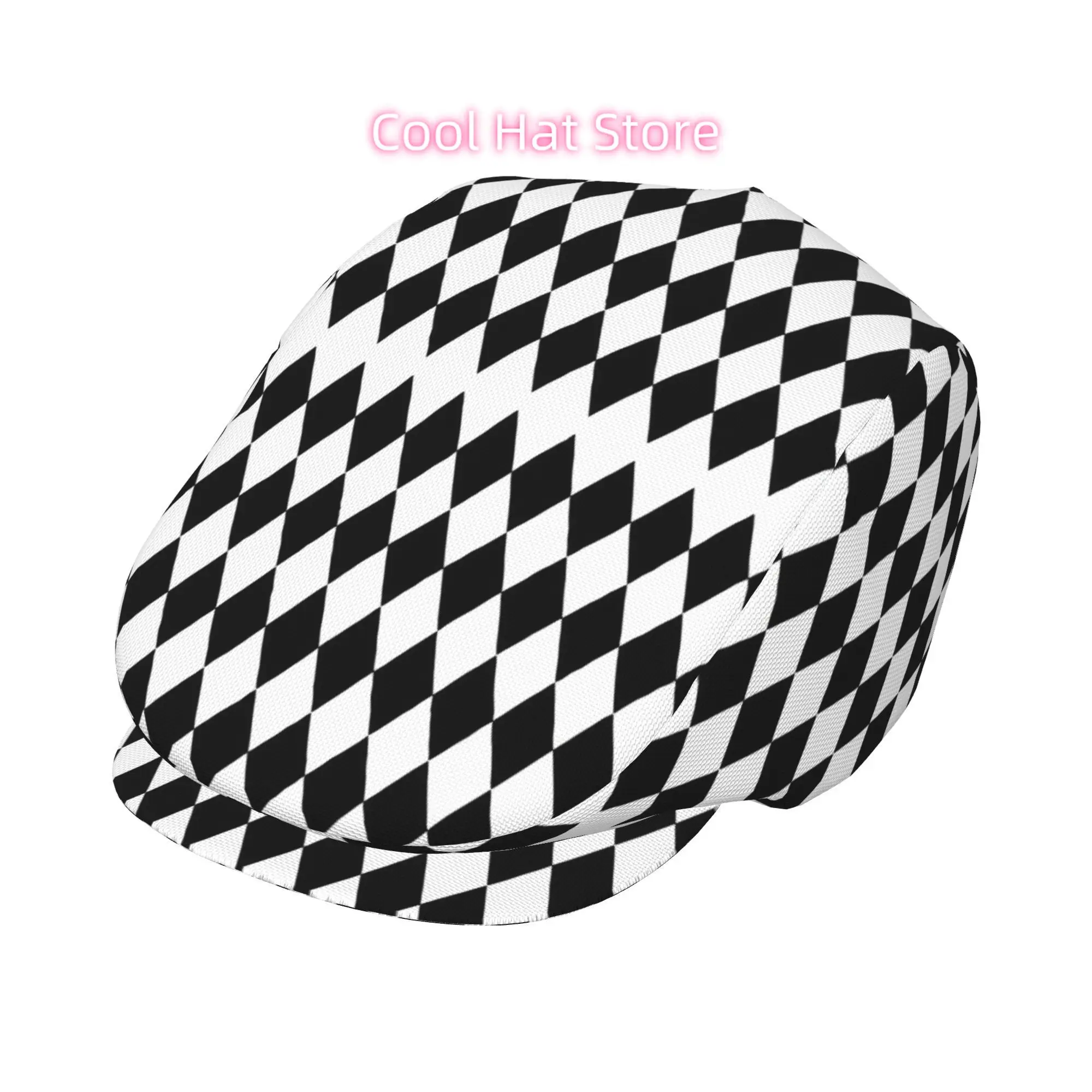 Men'S Adjustable Beret Hat in a Black And White Rhombus Check Pattern, Made of. Also Available Are Women'S Cabbie Caps And Gatsb