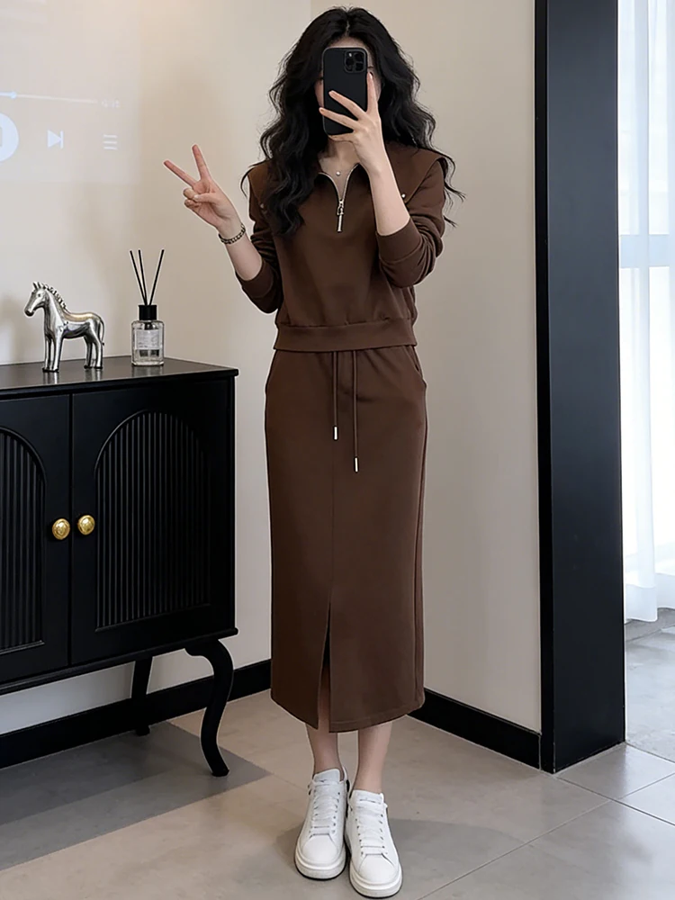 

Faionable Trendy Sweatirt And Split Skirt Set Women's Spring New Arrival Casual Sportswear Polyester Fiber Breathable