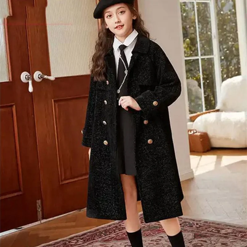 Girls Kids Woolen Coat Jacket Overcoat 2023 Black Warm Thicken Winter Cotton Plus  Size Children\'s Clothing