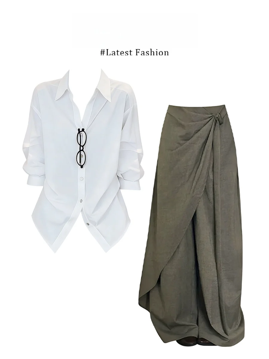 Parkyeon White Casual Loose Women's Shirt And Pants Set Turn-down Collar Gathered Waist Long Sleeve Summer Fashion Outfit