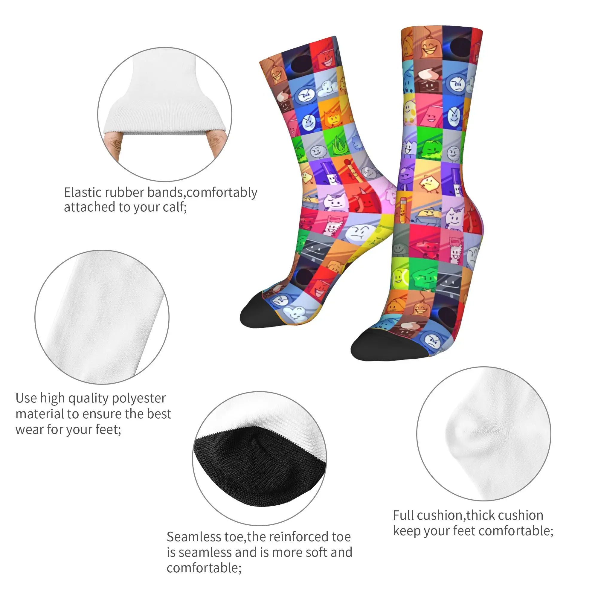 BFDI Inanimate Insanity All Characters Socken Rutschfeste Strümpfe Herren Mittelweiche Outdoor-Socken Herbst Freizeit Grafik-Socken