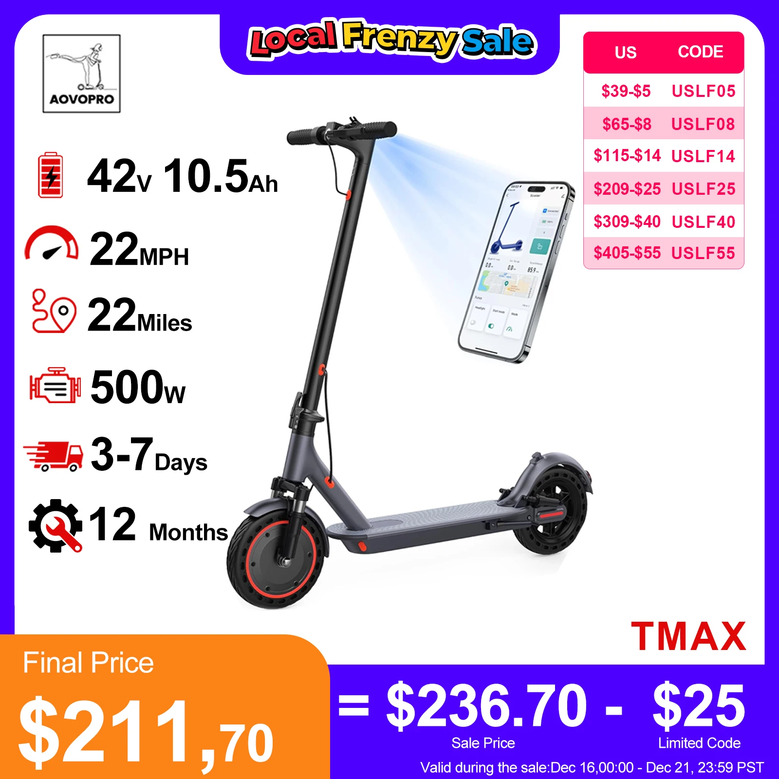 

AOVOPRO TMAX 10inch Electric Scooter 500W 22MPH Adult APP Smart Scooter Shock-absorbing Anti-skid Folding Electric Scooter