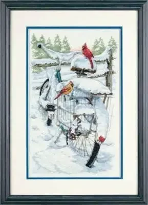 Amishop Top Quality Lovely Counted Cross Stitch Kit Bicycle Birds Bird In Snow Winter Dim 35234