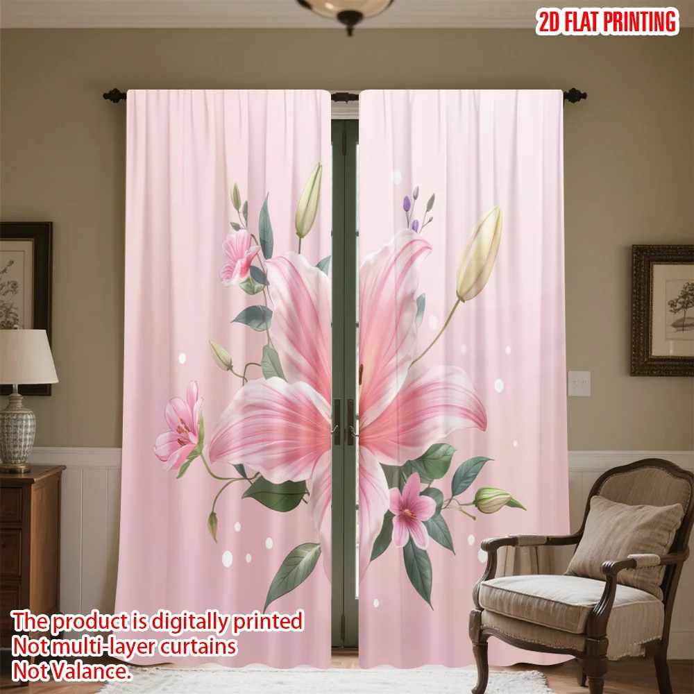 

2D flat printing 2pcs Party Curtains Pastel Pink Lily Bouquet Digital Printed Polyester Drapes Seasonal Party & Holiday Decor