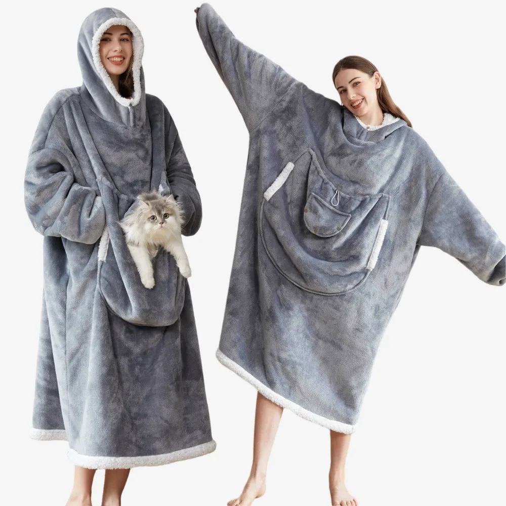 

Sleepwear Hoodie Solid Gray Oversized Hooded Sweatshirt Sherpa Lining Plush Fabric Pullover Long Length Big Pocket Sweatshirt