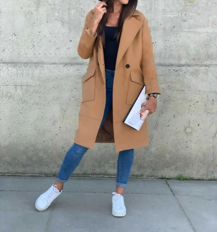 Abrigo de manga larga para mujer, abrigo elegante con bolsillo y botones, Color sólido, moda de otoño e invierno, novedad