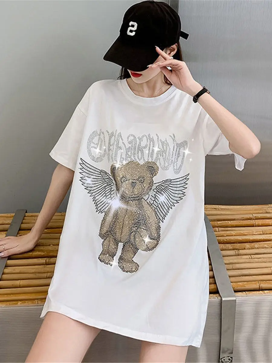 Śliczne Ulzzang cekiny Tshirt Streetwear lato luźne góra Hip Hop ubrania z nadrukami kobiety główna ulica nadruk niedźwiedzia t-shirty dziewczyna