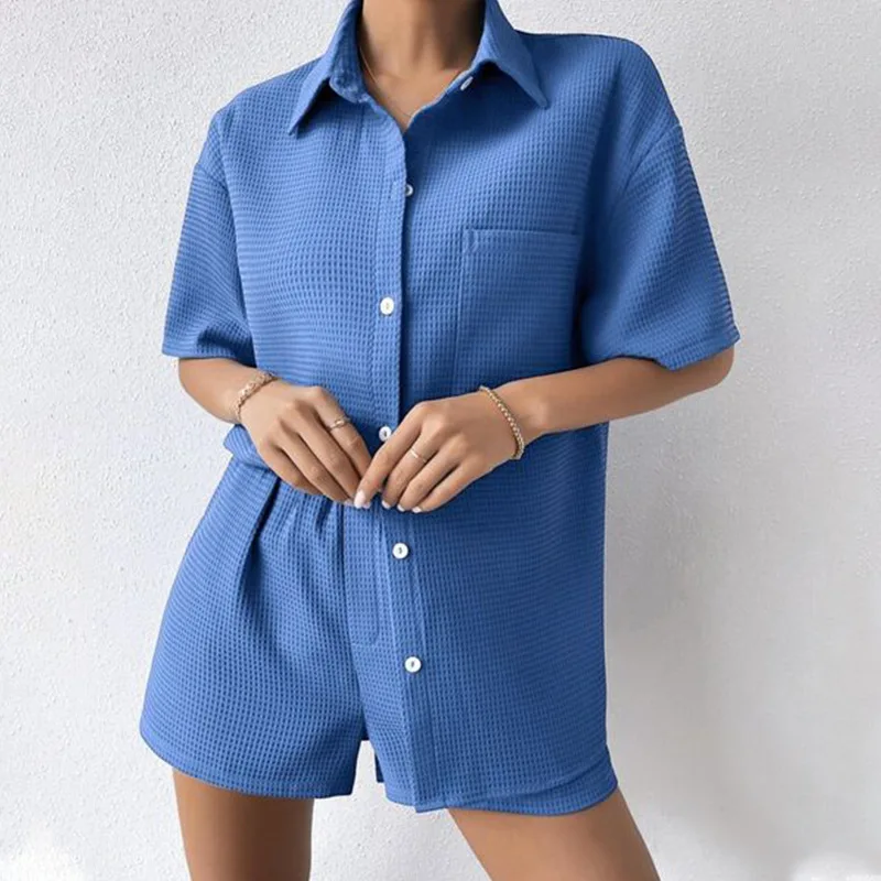 Women Two Pieces Suits Turn Down Collar Short Sleeve Blouses Top With Mini Shorts Summer  Casual Home Clothes Ladies Outfits