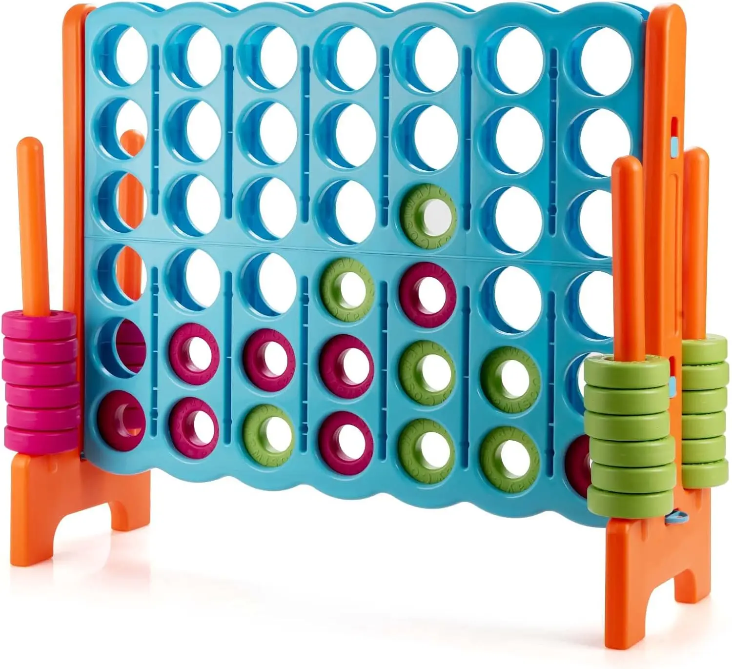 

Giant 4-in-a-Row Game, 3.5 Feet Tall Jumbo 4-to-Score Family Fun Game with Quick-Release Sliders & 42 Large Rings, Oversized Con