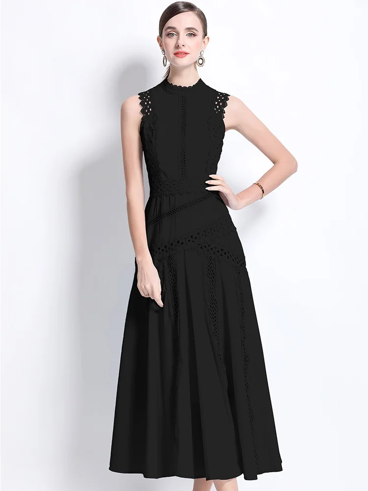 SMTHMA New Fashion European Lace Hollow Out Design Runway Dress Women's Sleeveless Stand Collar Slim Waist Long Dress Vestidos