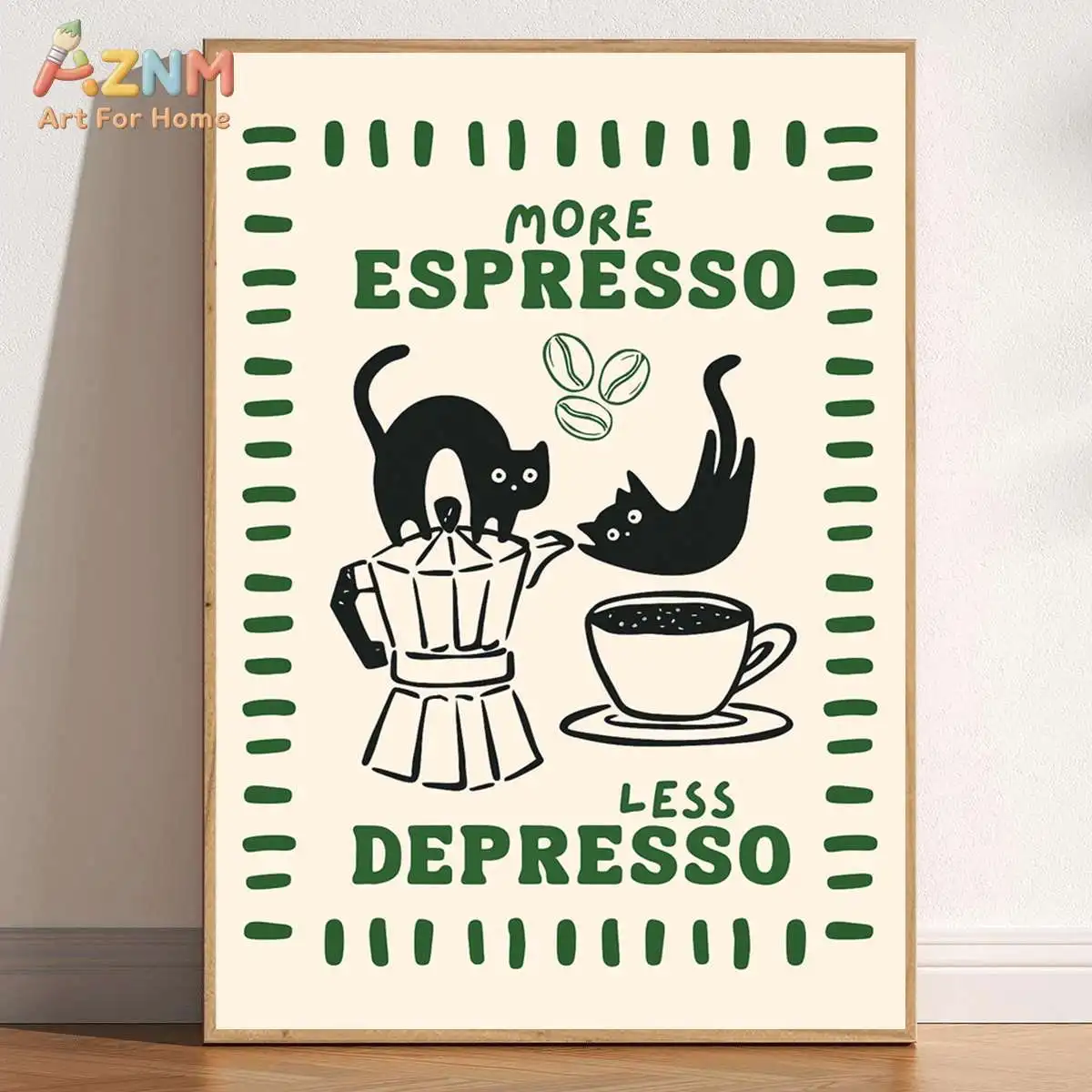 AZNM More Espresso Less Depresso Canvas Print Black Cat Coffee Moka Pot Funny Quote Wall Poster Unframed Kitchen Cafe Decor Art