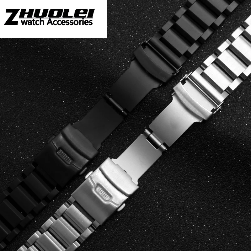 stainless steel watchband for men\'s silver PVD black bracelet straps 18mm 20mm 22mm 24mm