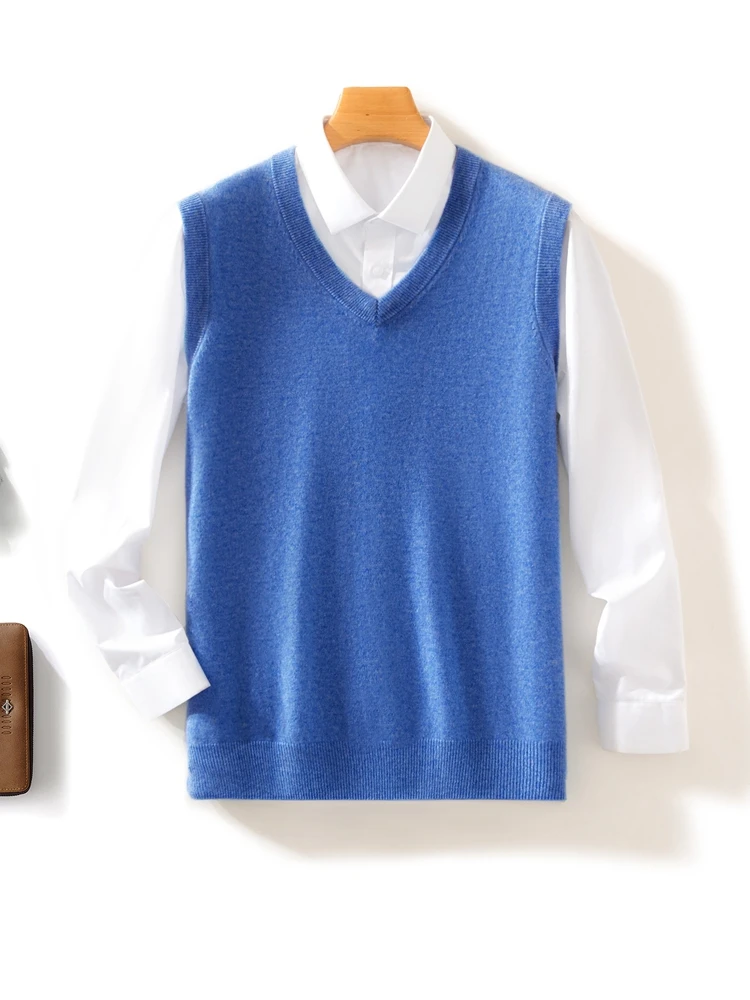 Spring  Autumn Men Sleeveless Pullover V-Neck Cashmere Sweater 100% Merino Wool Knitted Soft Casual knitwear Solid Color Tops