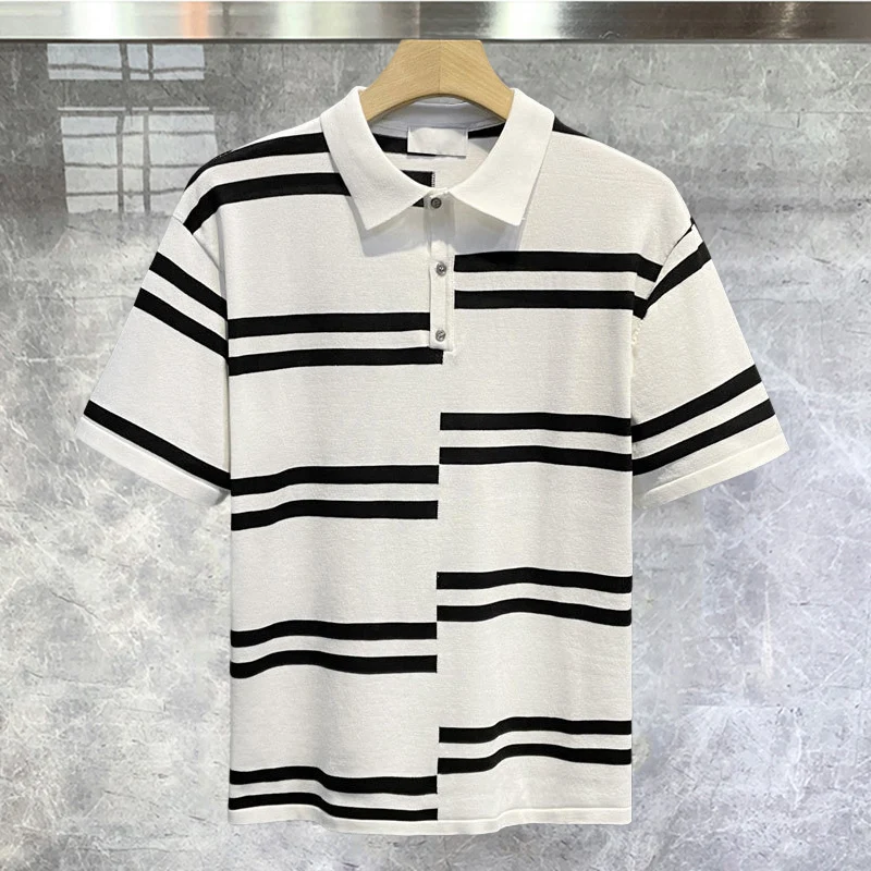 

Fashion Casual Polo Shirt Streetwear Contrasting Lapel Stretched Men's Tee Shirt Patchwork Stripe Slim Knitted Polo Shirt Homme