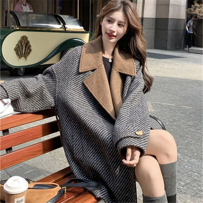 

Korea Striped Contrast Color Woolen Coat Women Autumn Winter New High-End Thickened Loose Lazy Style Casual Commuting Versatile