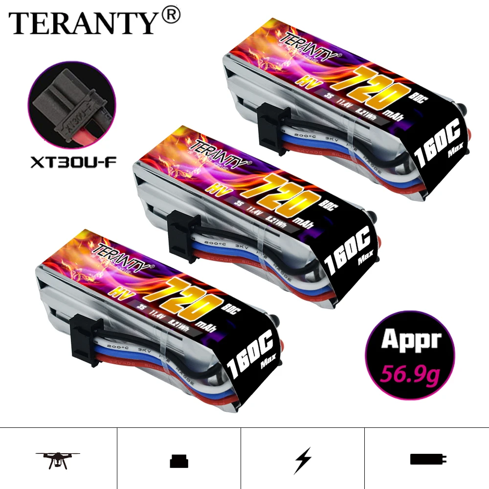 トランティ-屋内リモートコントロールドローンモデル,XT30プラグ付きfpv,Tinyhawkリポバッテリー,720mah,3s,11.4v,80c,160c,hv,3個