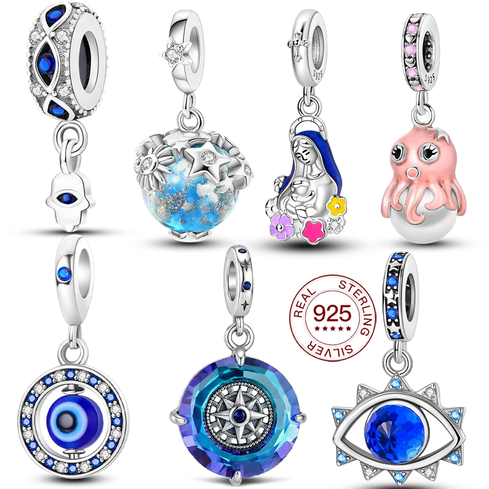 925 Sterling Silber Evil Eye & Mystische Anhänger Blaue Hamsa Planeten Oktopus Kompass Perlen passend für Original Armband Wunschschmuck Geschenke