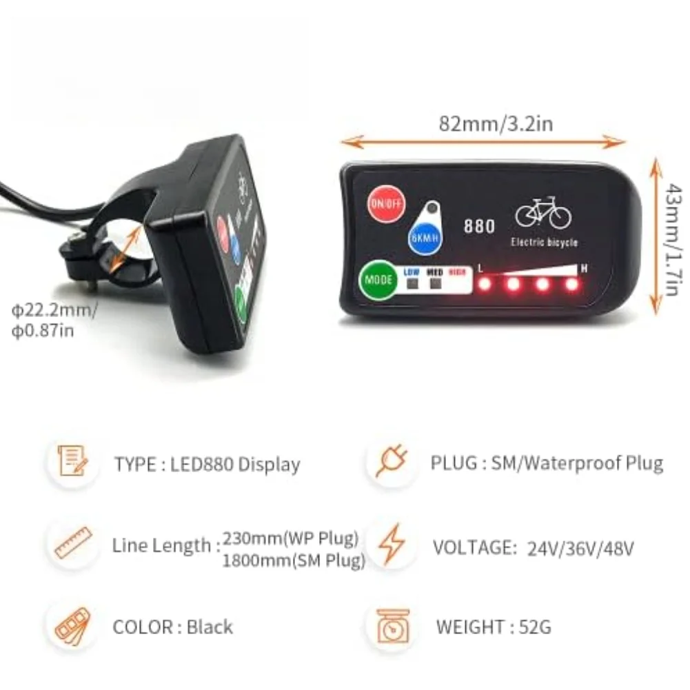 จอแสดงผล LED สำหรับจักรยานไฟฟ้า 36V 48V สำหรับจักรยานไฟฟ้า รุ่น KT LED880 พร้อมฟังก์ชันอ่านรหัสข้อผิดพลาดและติดตามระยะทาง