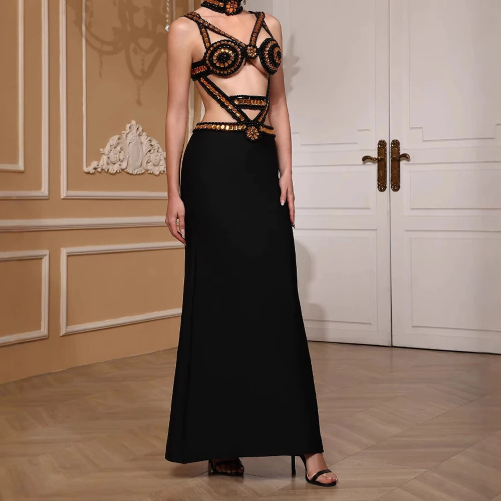 Sexy beaded black and gold bandage evening dress hollow strap backless cocktail dress-GZXX767
