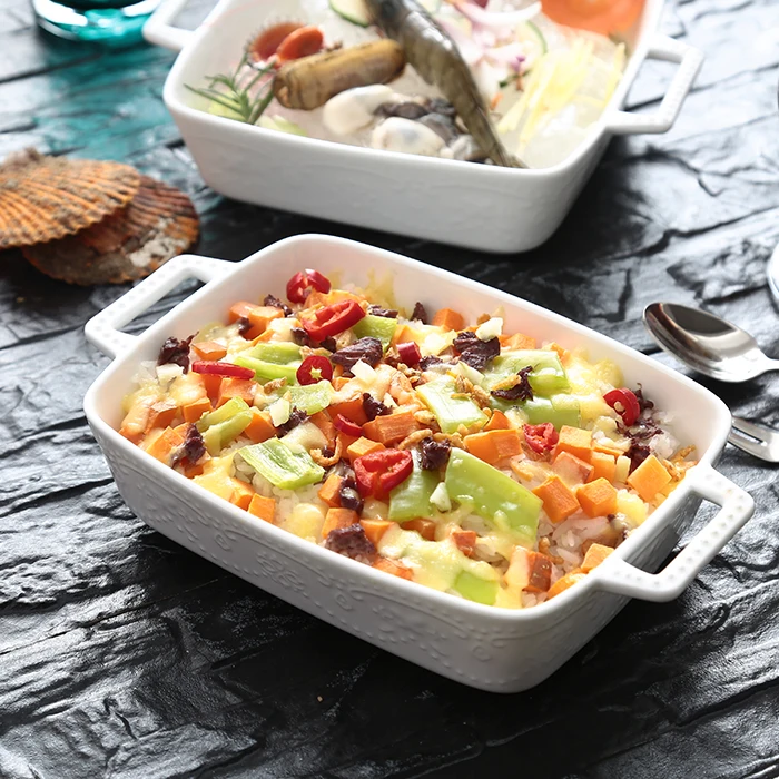 

Бессвинцовая прямоугольная форма для запекания из керамики, тарелка для риса, тарелка для запекания сыра, тарелка для западных блюд, чисто белая, во французском стиле