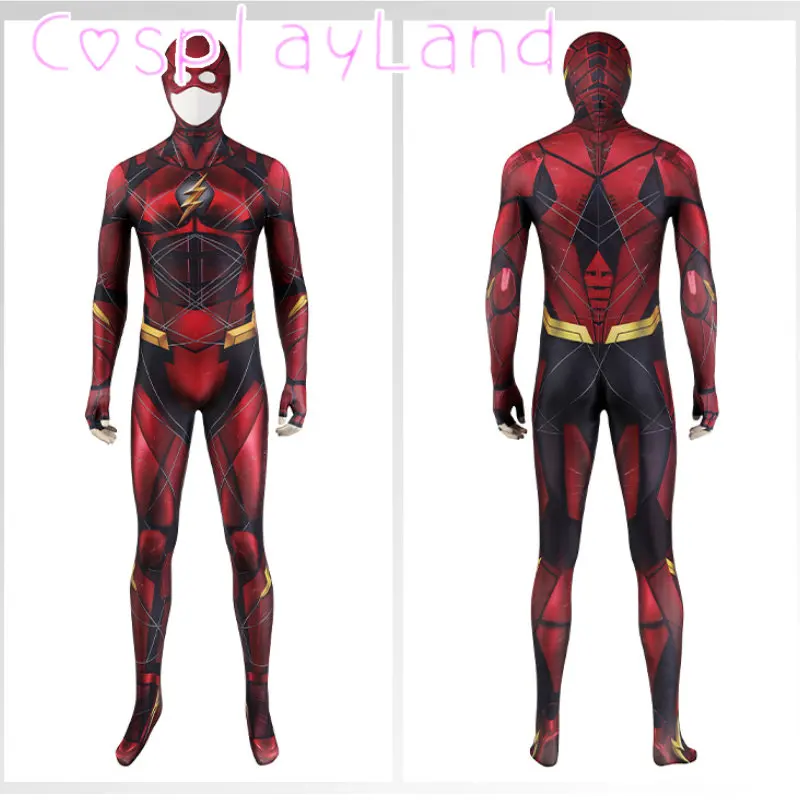 

Superhero Barry Allen Printing Bodysuit Justice Cosplay Stretchy Outfit With Cowl Adult Men Jumpsuit Halloween Costume Suit