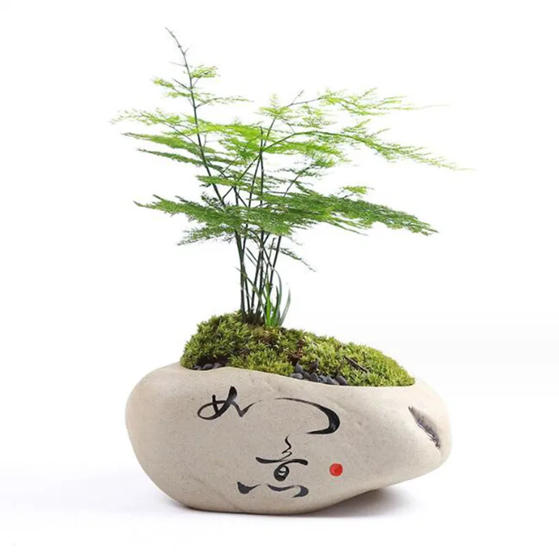 Chinese Style Retro Coarse Pottery Breathable Vase Green Plant Pot Flowerpot Desktop Ornaments Home Garden Decor